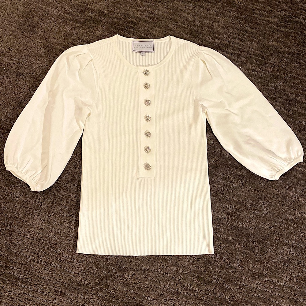 Cream balloon sleeve rib knit top with crystal buttons NEW